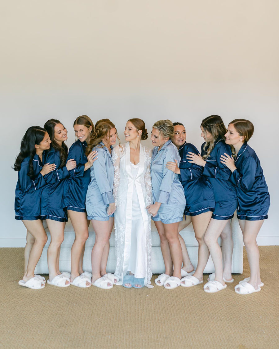 Long-sleeve satin short set (Navy)