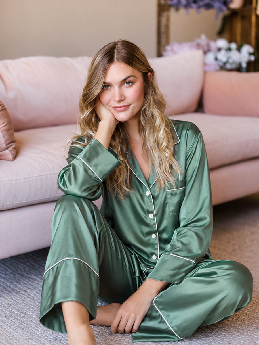 Long-sleeve satin pajama set (Eucalyptus)