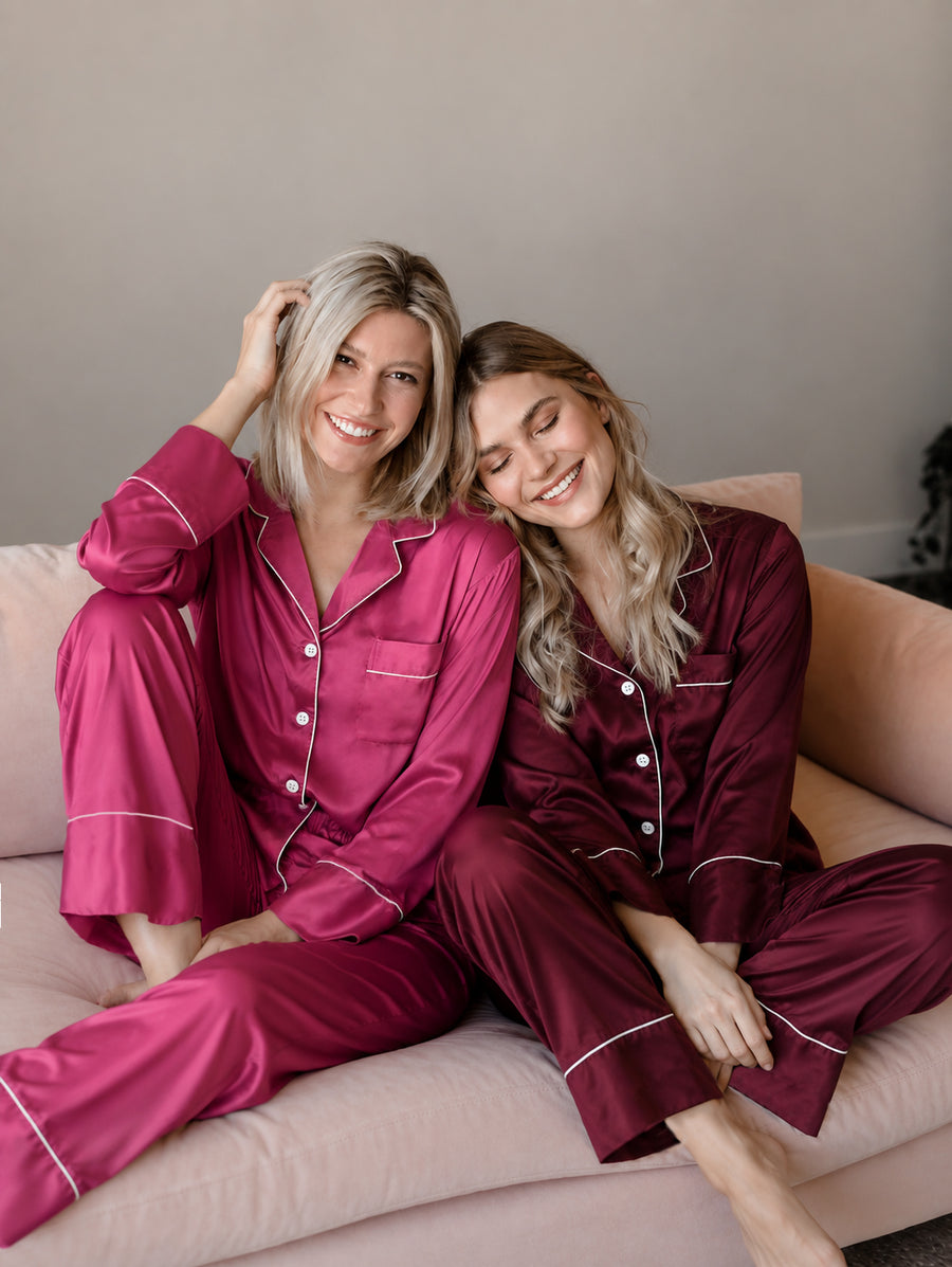 Long-sleeve satin pajama set (Wine)