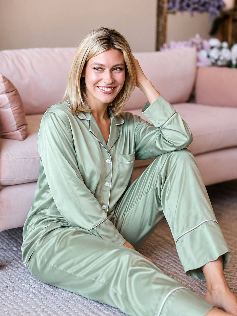 Long-sleeve satin pajama set (Agave)