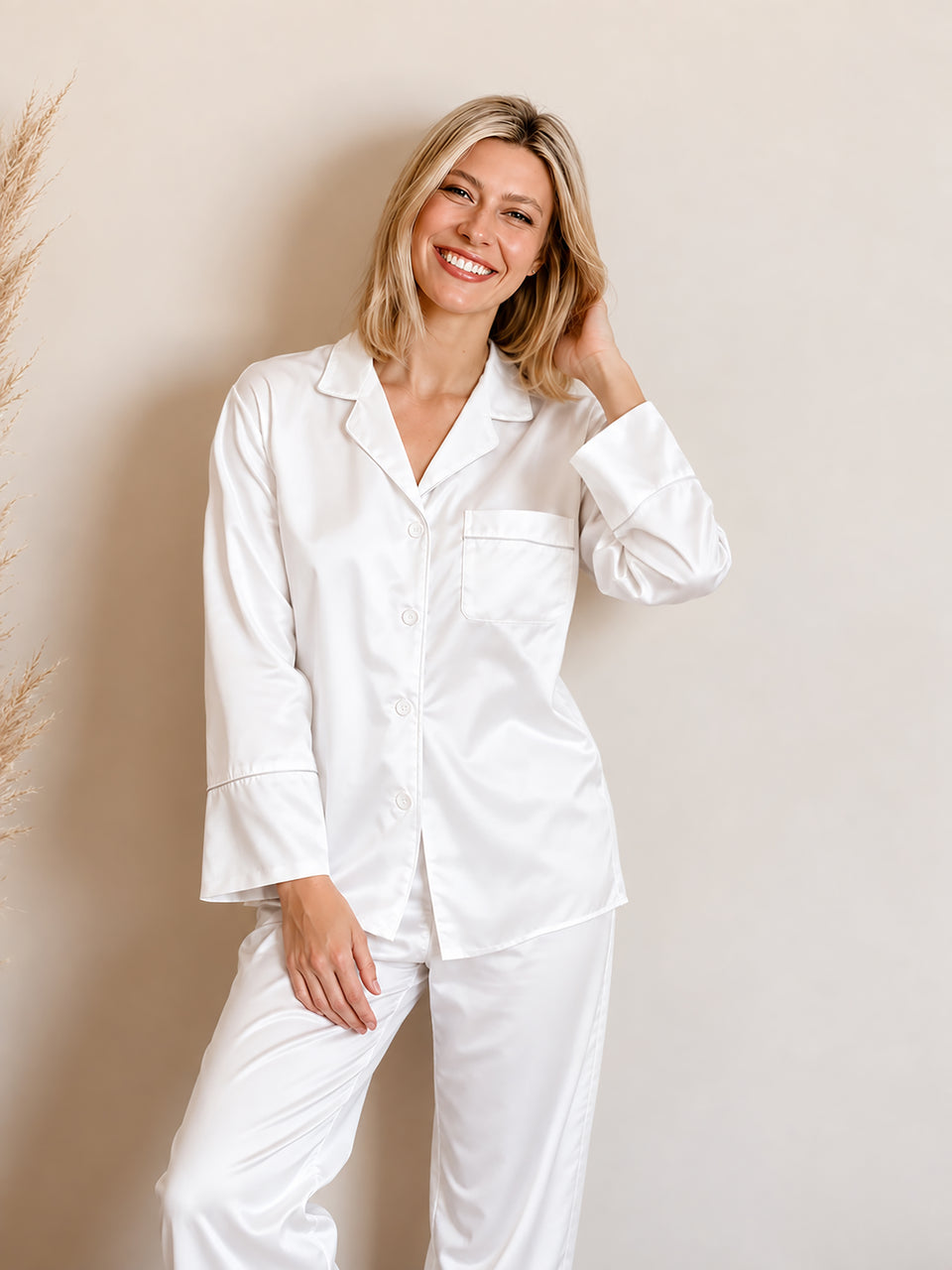 Long-sleeve satin pajama set (Cloud)