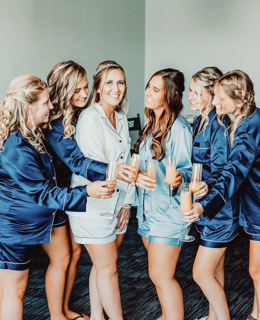 Long-sleeve satin short set (Navy)