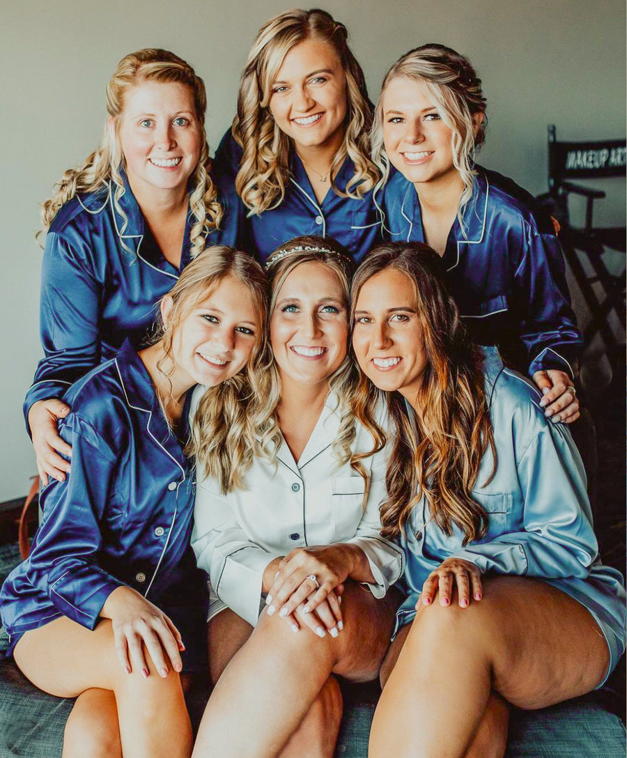 Long-sleeve satin short set (Navy)